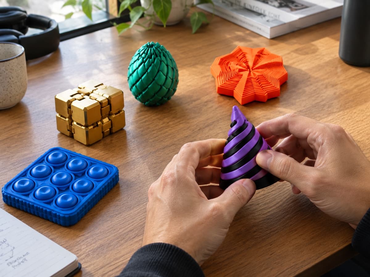 Manos girando un cono espiral morado sobre un escritorio, junto a un cubo infinito dorado, un huevo de dragón verde, una estrella naranja y una placa pop-it azul