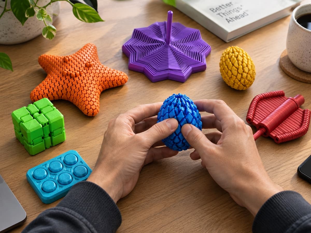 Manos jugando con un huevo de dragón azul sobre un escritorio, junto a una estrella naranja, un cubo infinito verde, una placa pop-it y otros juguetes sensoriales